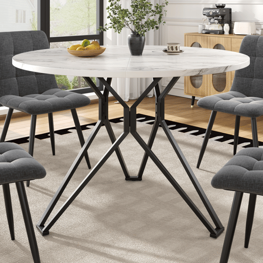 Mesa redonda 100x100 cm - Mesa de jantar para 4 pessoas, com pernas metálicas e tampo em MDF mármore - Preto
