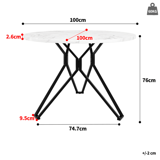 Mesa redonda 100x100 cm - Mesa de jantar para 4 pessoas, com pernas metálicas e tampo em MDF mármore - Preto