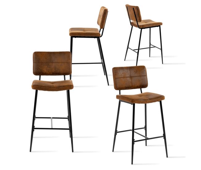 Juego de 4 taburetes altos de barra con respaldo acolchado en polipiel marrón y patas metálicas negras, estilo industrial moderno para cocina o bar,