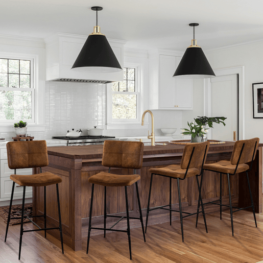 Conjunto De 4 Bancos Altos De Bar Com Encosto Estofado Em Camurça Castanha E Pés Metálicos Pretos, Estilo Industrial Moderno Para Cozinha Ou Balcão, Cadeiras Altas Resistentes E Elegantes Com Excelente Estabilidade