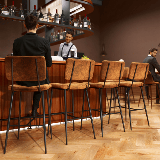 Conjunto De 4 Bancos Altos De Bar Com Encosto Estofado Em Camurça Castanha E Pés Metálicos Pretos, Estilo Industrial Moderno Para Cozinha Ou Balcão, Cadeiras Altas Resistentes E Elegantes Com Excelente Estabilidade