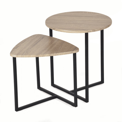 Conjunto De 2 Mesas De Apoio Estilo Industrial Com Tampas De Madeira Carvalho E Estrutura Metálica Preta, Design Moderno E Versátil Ideal Para Sala De Estar, Quarto Ou Escritório
