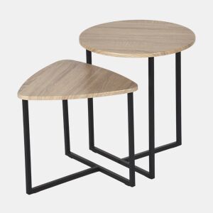 Conjunto De 2 Mesas De Apoio Estilo Industrial Com Tampas De Madeira Carvalho E Estrutura Metálica Preta, Design Moderno E Versátil Ideal Para Sala De Estar, Quarto Ou Escritório