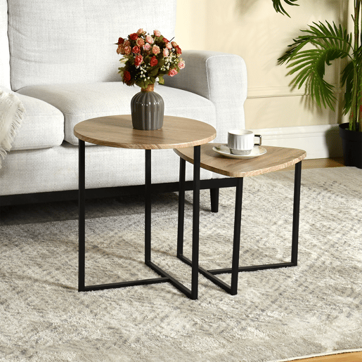 Conjunto De 2 Mesas De Apoio Estilo Industrial Com Tampas De Madeira Carvalho E Estrutura Metálica Preta, Design Moderno E Versátil Ideal Para Sala De Estar, Quarto Ou Escritório