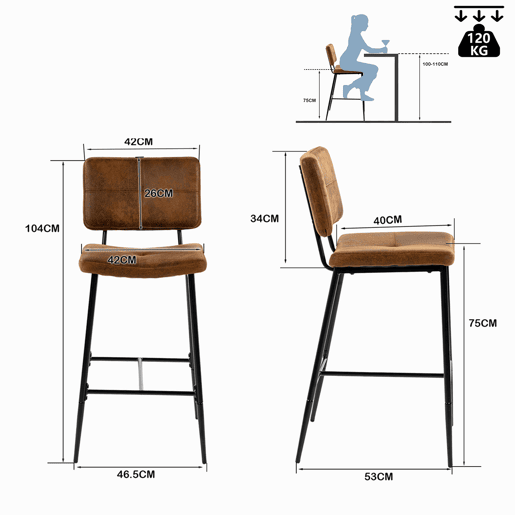 Conjunto 2 Bancos Altos De Cozinha Com Encosto Ergonômico Estofados Em Camurça Sintética Marrom E Estrutura Metálica Preta Estilo Industrial Moderno Para Ilha Ou Balcão