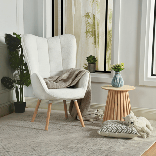 Poltrona Relax Para Sala Com Encosto Alto E Assento Acolchoado Em Tecido Macio Cor Bege Com Pés De Madeira Natural Estilo Escandinavo Moderno Perfeita Para Sala De Estar Quarto Ou Cantinho De Leitura
