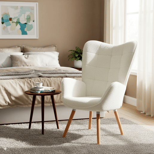Poltrona Relax Para Sala Com Encosto Alto E Assento Acolchoado Em Tecido Macio Cor Bege Com Pés De Madeira Natural Estilo Escandinavo Moderno Perfeita Para Sala De Estar Quarto Ou Cantinho De Leitura