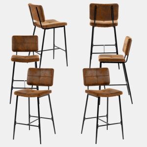 Conjunto De 6 Bancos Altos Com Encosto Estofados Em Polipele Marrom Com Estrutura De Metal Preto, Design Industrial Moderno Perfeito Para Cozinha Balcão E Sala De Jantar