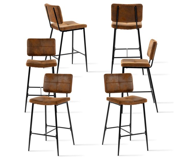 Juego de 6 taburetes altos con respaldo tapizados en polipiel color marrón con estructura metálica negra, estilo industrial moderno ideal para cocina
