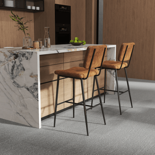 Conjunto De 6 Bancos Altos Com Encosto Estofados Em Polipele Marrom Com Estrutura De Metal Preto, Design Industrial Moderno Perfeito Para Cozinha Balcão E Sala De Jantar