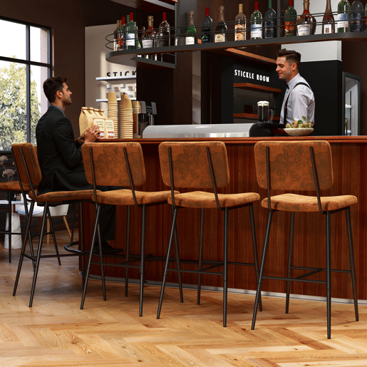 Conjunto De 6 Bancos Altos Com Encosto Estofados Em Polipele Marrom Com Estrutura De Metal Preto, Design Industrial Moderno Perfeito Para Cozinha Balcão E Sala De Jantar