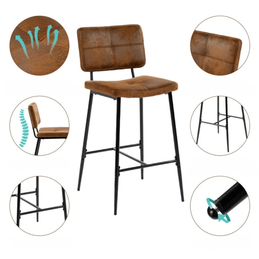 Conjunto De 6 Bancos Altos Com Encosto Estofados Em Polipele Marrom Com Estrutura De Metal Preto, Design Industrial Moderno Perfeito Para Cozinha Balcão E Sala De Jantar