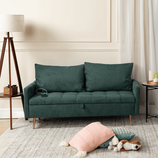 Sofá 2 Lugares Estofado Em Tecido Verde Com Baú De Arrumação, Encosto Acolchoado Confortável E Pés Metálicos Modernos, Inclui Porta USB Para Maior Comodidade Em Casa
