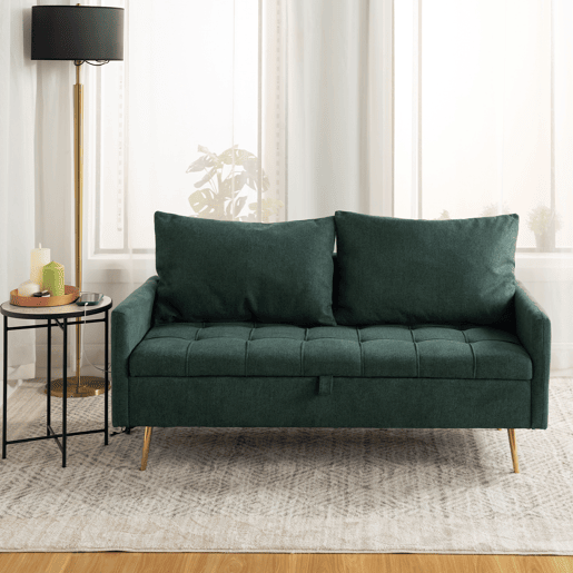 Sofá 2 Lugares Estofado Em Tecido Verde Com Baú De Arrumação, Encosto Acolchoado Confortável E Pés Metálicos Modernos, Inclui Porta USB Para Maior Comodidade Em Casa