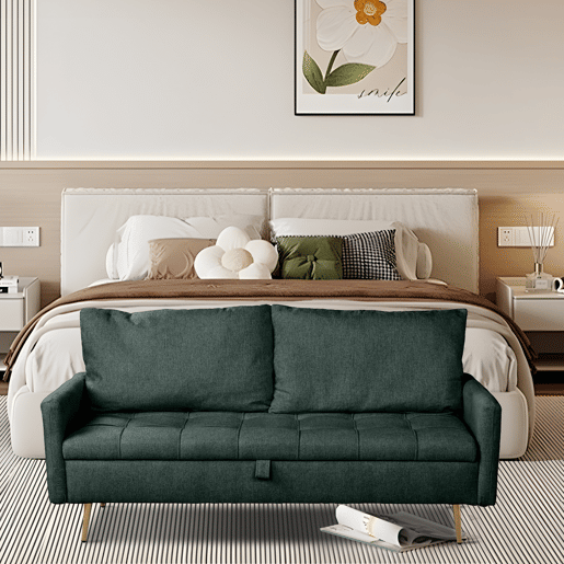 Sofá 2 Lugares Estofado Em Tecido Verde Com Baú De Arrumação, Encosto Acolchoado Confortável E Pés Metálicos Modernos, Inclui Porta USB Para Maior Comodidade Em Casa