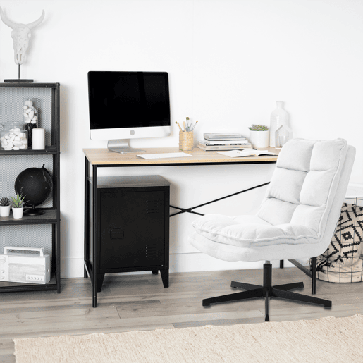 Cadeira De Escritório E Descanso Giratória Em Tecido Branco Estilo Moderno Com Almofada Acolchoada E Base Metálica Preta Resistente Ideal Para Casa E Escritório Suporta Até 120 Kg