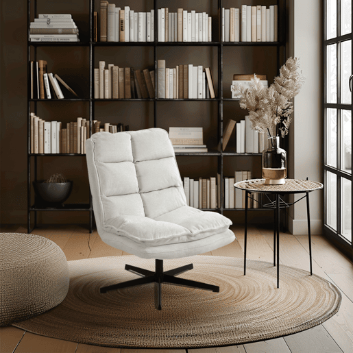 Cadeira De Escritório E Descanso Giratória Em Tecido Branco Estilo Moderno Com Almofada Acolchoada E Base Metálica Preta Resistente Ideal Para Casa E Escritório Suporta Até 120 Kg