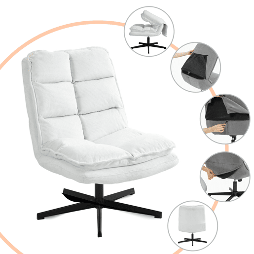 Cadeira De Escritório E Descanso Giratória Em Tecido Branco Estilo Moderno Com Almofada Acolchoada E Base Metálica Preta Resistente Ideal Para Casa E Escritório Suporta Até 120 Kg