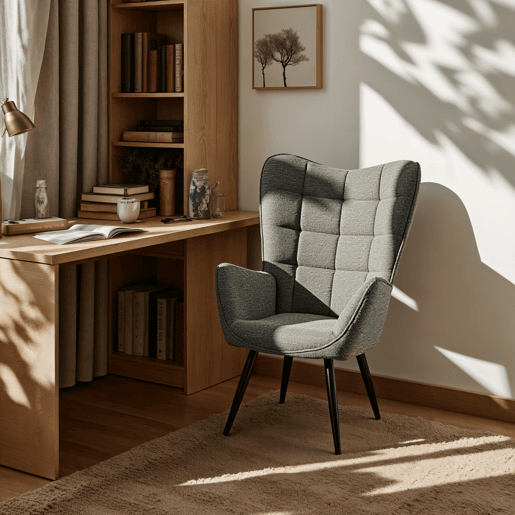 Poltrona Relax para Interior com Encosto Alto Ergonômico, Estofada em Tecido Cinza Escuro de Estilo Moderno, com Assento Grosso, Apoio de Braço Largo e Pés de Aço Preto, Perfeita para Sala de Estar ou Quarto