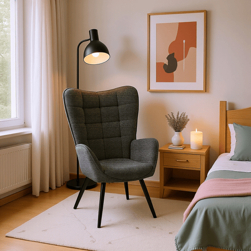 Poltrona Relax para Interior com Encosto Alto Ergonômico, Estofada em Tecido Cinza Escuro de Estilo Moderno, com Assento Grosso, Apoio de Braço Largo e Pés de Aço Preto, Perfeita para Sala de Estar ou Quarto
