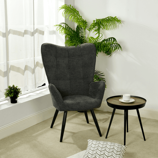 Poltrona Relax para Interior com Encosto Alto Ergonômico, Estofada em Tecido Cinza Escuro de Estilo Moderno, com Assento Grosso, Apoio de Braço Largo e Pés de Aço Preto, Perfeita para Sala de Estar ou Quarto