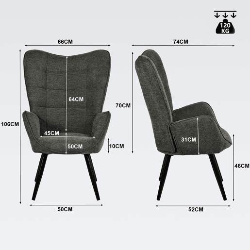 Poltrona Relax para Interior com Encosto Alto Ergonômico, Estofada em Tecido Cinza Escuro de Estilo Moderno, com Assento Grosso, Apoio de Braço Largo e Pés de Aço Preto, Perfeita para Sala de Estar ou Quarto