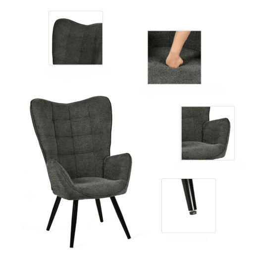 Poltrona Relax para Interior com Encosto Alto Ergonômico, Estofada em Tecido Cinza Escuro de Estilo Moderno, com Assento Grosso, Apoio de Braço Largo e Pés de Aço Preto, Perfeita para Sala de Estar ou Quarto