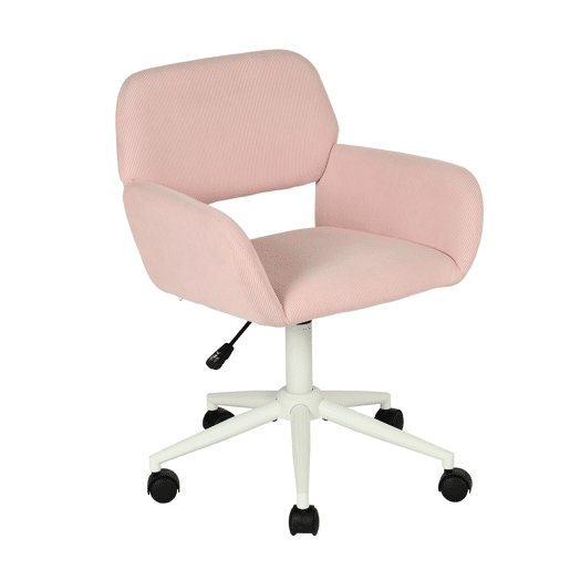 Cadeira De Escritório Ergonómica Estofada Em Tecido Rosa Com Encosto Acolchoado E Altura Ajustável, Base Branca Com 5 Rodízios Giratórios 360° E Assento Confortável Para Home Office Ou Estudo