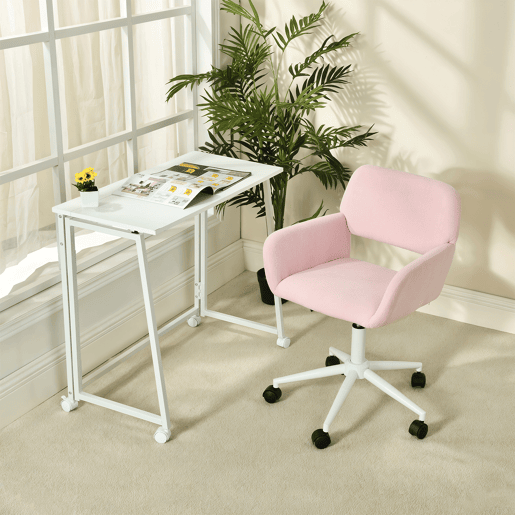 Cadeira De Escritório Ergonómica Estofada Em Tecido Rosa Com Encosto Acolchoado E Altura Ajustável, Base Branca Com 5 Rodízios Giratórios 360° E Assento Confortável Para Home Office Ou Estudo
