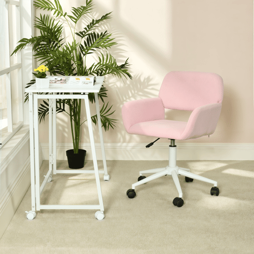 Cadeira De Escritório Ergonómica Estofada Em Tecido Rosa Com Encosto Acolchoado E Altura Ajustável, Base Branca Com 5 Rodízios Giratórios 360° E Assento Confortável Para Home Office Ou Estudo