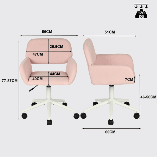 Cadeira De Escritório Ergonómica Estofada Em Tecido Rosa Com Encosto Acolchoado E Altura Ajustável, Base Branca Com 5 Rodízios Giratórios 360° E Assento Confortável Para Home Office Ou Estudo