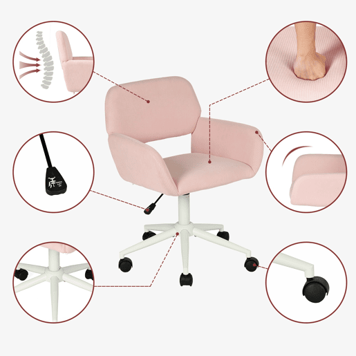 Cadeira De Escritório Ergonómica Estofada Em Tecido Rosa Com Encosto Acolchoado E Altura Ajustável, Base Branca Com 5 Rodízios Giratórios 360° E Assento Confortável Para Home Office Ou Estudo