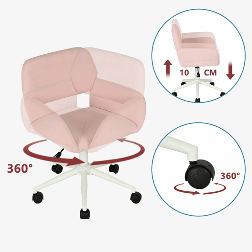 Cadeira De Escritório Ergonómica Estofada Em Tecido Rosa Com Encosto Acolchoado E Altura Ajustável, Base Branca Com 5 Rodízios Giratórios 360° E Assento Confortável Para Home Office Ou Estudo
