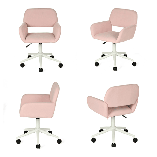 Cadeira De Escritório Ergonómica Estofada Em Tecido Rosa Com Encosto Acolchoado E Altura Ajustável, Base Branca Com 5 Rodízios Giratórios 360° E Assento Confortável Para Home Office Ou Estudo
