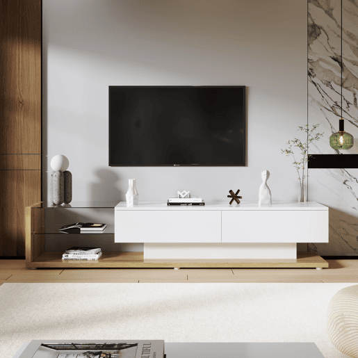 Móvel de TV 170 cm - Painel brilhante, divisórias de vidro, iluminação LED variável - Branco