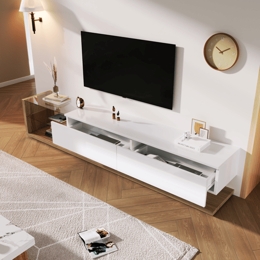 Móvel de TV 170 cm - Painel brilhante, divisórias de vidro, iluminação LED variável - Branco