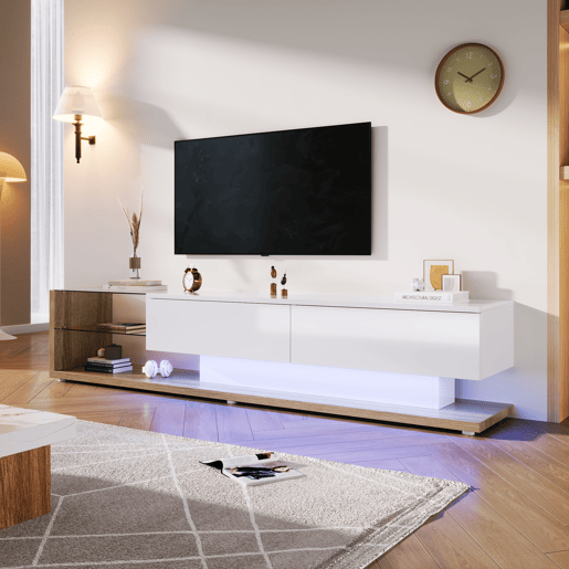 Móvel de TV 170 cm - Painel brilhante, divisórias de vidro, iluminação LED variável - Branco