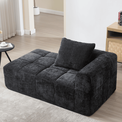 Sofá Chaiselongue - Sem montagem, macio com almofadas, bolsos laterais para comando e telemóvel - Preto