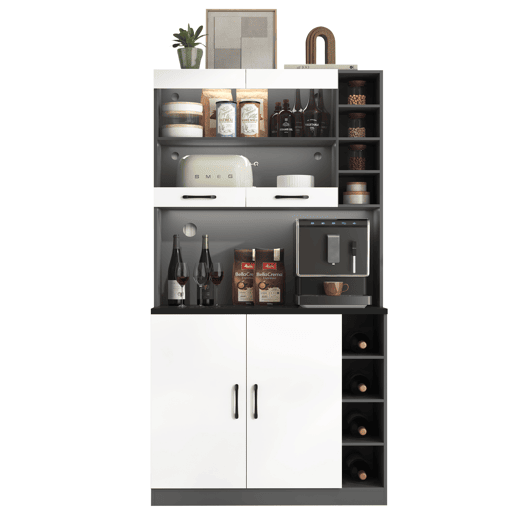 Armário de cozinha 100x47x187 cm - Buffet com iluminação LED ambiente, orifícios para cabos, espaço para micro-ondas - Branco + Cinza