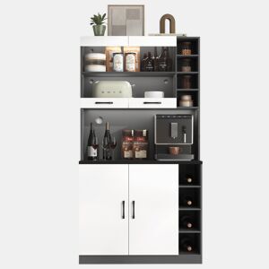 Armário de cozinha 100x47x187 cm - Buffet com iluminação LED ambiente, orifícios para cabos, espaço para micro-ondas - Branco + Cinza