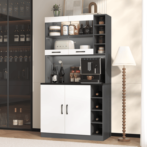 Armário de cozinha 100x47x187 cm - Buffet com iluminação LED ambiente, orifícios para cabos, espaço para micro-ondas - Branco + Cinza