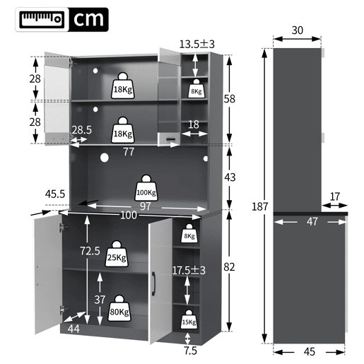Armário de cozinha 100x47x187 cm - Buffet com iluminação LED ambiente, orifícios para cabos, espaço para micro-ondas - Branco + Cinza