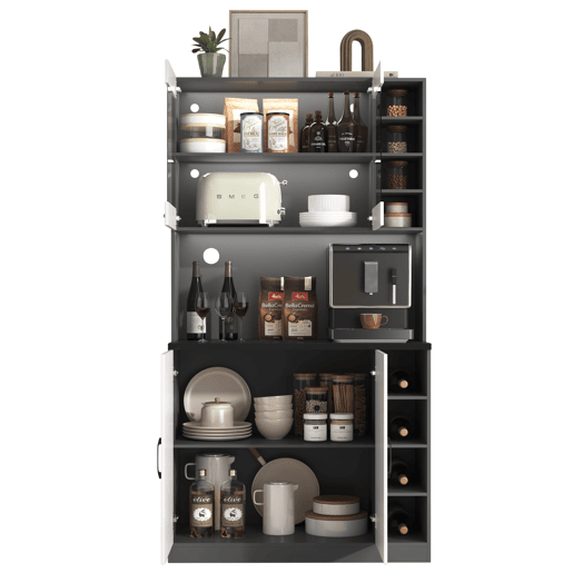 Armário de cozinha 100x47x187 cm - Buffet com iluminação LED ambiente, orifícios para cabos, espaço para micro-ondas - Branco + Cinza