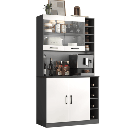 Armário de cozinha 100x47x187 cm - Buffet com iluminação LED ambiente, orifícios para cabos, espaço para micro-ondas - Branco + Cinza
