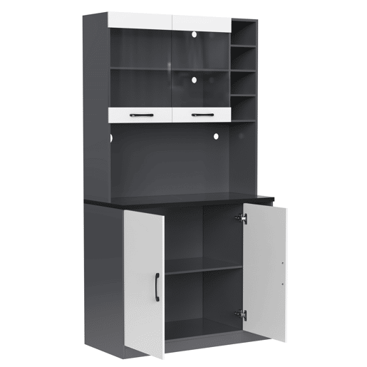 Armário de cozinha 100x47x187 cm - Buffet com iluminação LED ambiente, orifícios para cabos, espaço para micro-ondas - Branco + Cinza