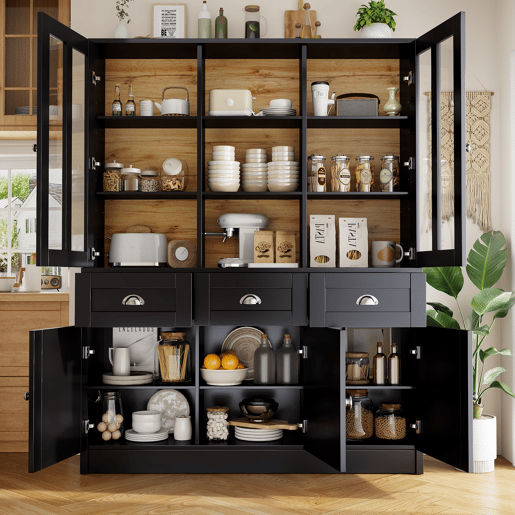 Armário alto 140x38,5x175 cm - Vitrinenschrank, móvel de cozinha, armário de sala de jantar com gavetas, moderno e minimalista, para cozinha, sala de jantar, sala de estar - Preto