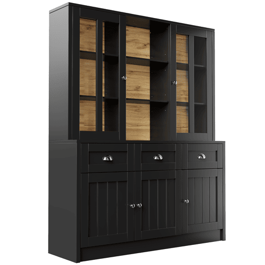 Armário alto 140x38,5x175 cm - Vitrinenschrank, móvel de cozinha, armário de sala de jantar com gavetas, moderno e minimalista, para cozinha, sala de jantar, sala de estar - Preto