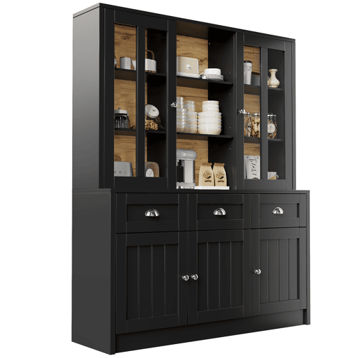 Armário alto 140x38,5x175 cm - Vitrinenschrank, móvel de cozinha, armário de sala de jantar com gavetas, moderno e minimalista, para cozinha, sala de jantar, sala de estar - Preto
