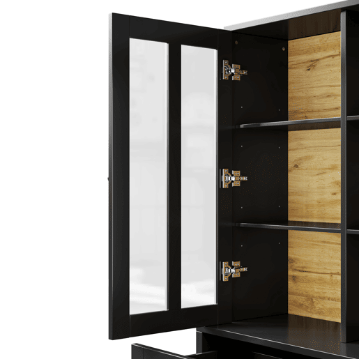 Armário alto 140x38,5x175 cm - Vitrinenschrank, móvel de cozinha, armário de sala de jantar com gavetas, moderno e minimalista, para cozinha, sala de jantar, sala de estar - Preto