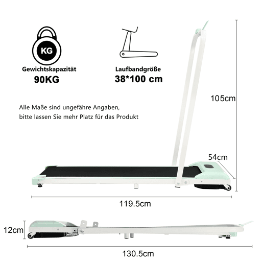 Passadeira 2 em 1 - Velocidade 1-6 kmh, LED, Bluetooth, suporte para telemóvel, dobrável - Verde